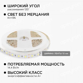 Светодиодная лента Apeyron 14,4W/m 60LED/m 5050SMD холодный белый 2,5M арт. 10-12 Светодиодная лента Apeyron 14,4W/m 60LED/m 5050SMD холодный белый 2,5M арт. 10-12